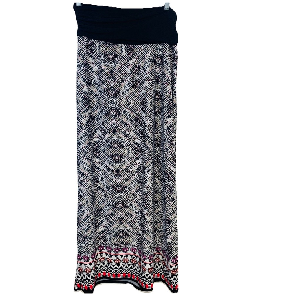 AB Studio Maxi Skirt Pull On Fold Over Stretch Knit Abstract Large‎ USA Made